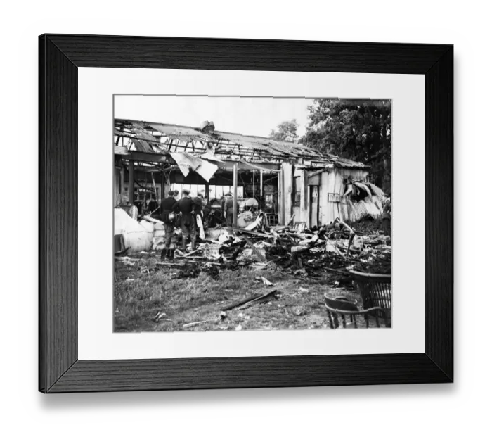 Framed Print : The scene after a British plane crashed on to building in Chichester. Sussex Framed Print : The scene after a British plane crashed on to building in Chichester. Sussex