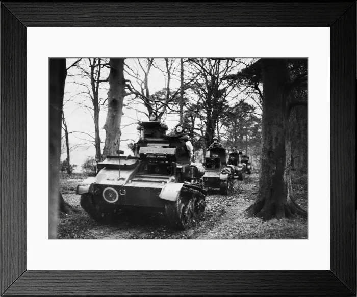 Framed Print : Light tanks taking cover in a woods during Second World War. 6th December 1940 Framed Print : Light tanks taking cover in a woods during Second World War. 6th December 1940