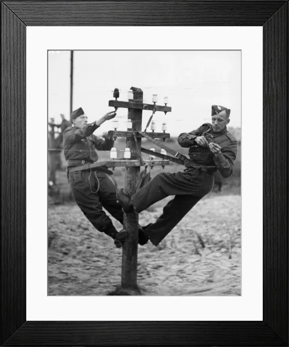 Framed Print : RCS men in training. Erecting outside telegraphic communications and wiring Framed Print : RCS men in training. Erecting outside telegraphic communications and wiring