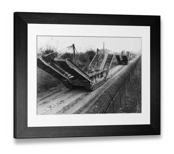 Framed Print : British Armys new self propelled bridges. Twaby Ark bridging tanks moving Framed Print : British Armys new self propelled bridges. Twaby Ark bridging tanks moving