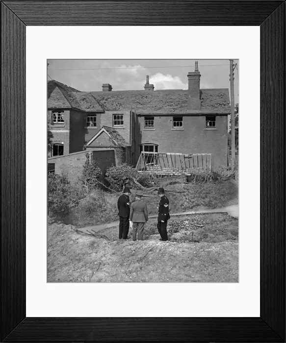 Framed Print : Police Officers inspect the damage to Clent school following a German air raid Framed Print : Police Officers inspect the damage to Clent school following a German air raid