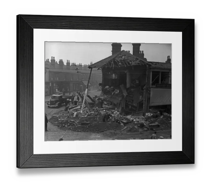 Framed Print : Workmen shift through the crater and basement of the Hereford Hotel, Villa Cross Framed Print : Workmen shift through the crater and basement of the Hereford Hotel, Villa Cross