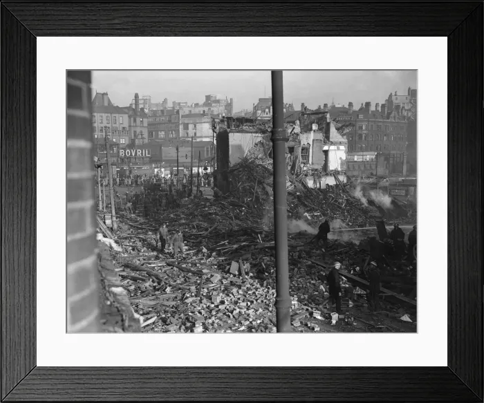 Framed Print : Firemen dampen down and rescue squads search the shattered remains of John Bright Street Framed Print : Firemen dampen down and rescue squads search the shattered remains of John Bright Street