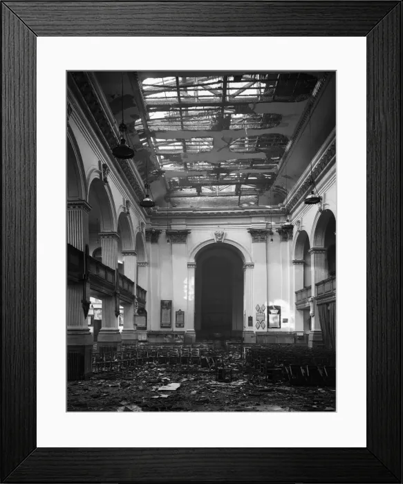 Framed Print : Damage to the roof and nave of St Philips Cathedral Framed Print : Damage to the roof and nave of St Philips Cathedral