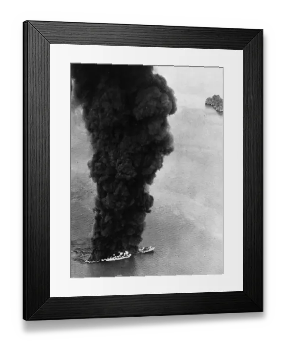 Framed Print : Smoke rising from a 10, 000 ton Japanese tanker which was attacked by Liberators of 159