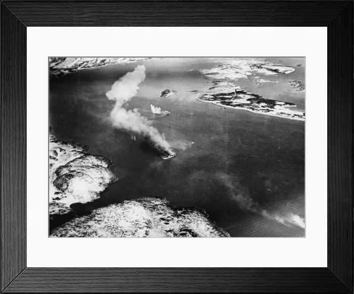Framed Print : The small supply vessel (in foreground) well on fire and being beached; in centre Framed Print : The small supply vessel (in foreground) well on fire and being beached; in centre