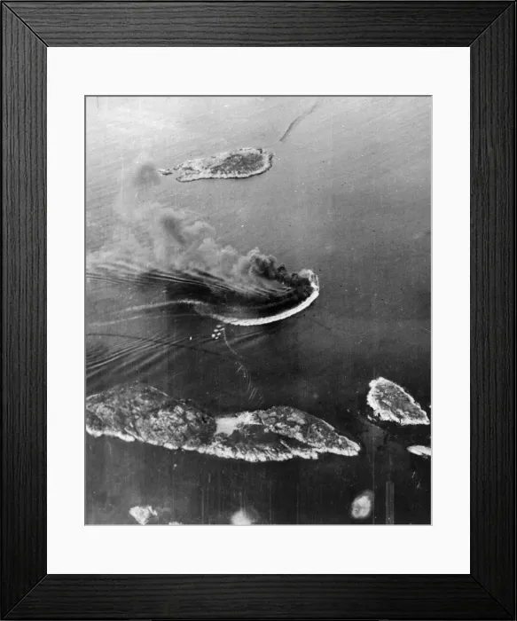 Framed Print : Looking down on Lodingen Harbour, Norway as an enemy aircraft tender circles out of Framed Print : Looking down on Lodingen Harbour, Norway as an enemy aircraft tender circles out of