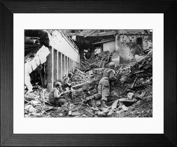 Framed Print : 4th Division riflemen search for Nazi snipers after taking the German town of Prum Framed Print : 4th Division riflemen search for Nazi snipers after taking the German town of Prum