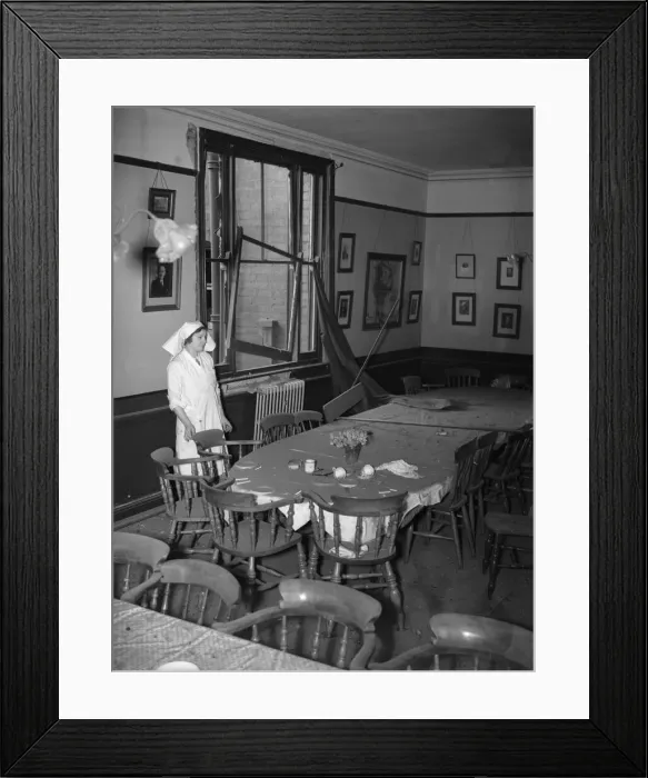 Framed Print : Damage to the dining room of Clent school following a German air raid on the city of Framed Print : Damage to the dining room of Clent school following a German air raid on the city of