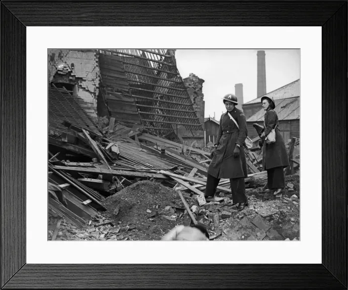 Framed Print : Ambulance drivers survey the remains of their first-aid post, in Aston, Birmingham Framed Print : Ambulance drivers survey the remains of their first-aid post, in Aston, Birmingham