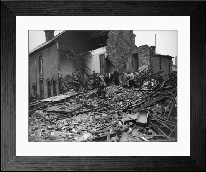 Framed Print : Rescue workers searching the rubble of a house in Aston, Birmingham Framed Print : Rescue workers searching the rubble of a house in Aston, Birmingham