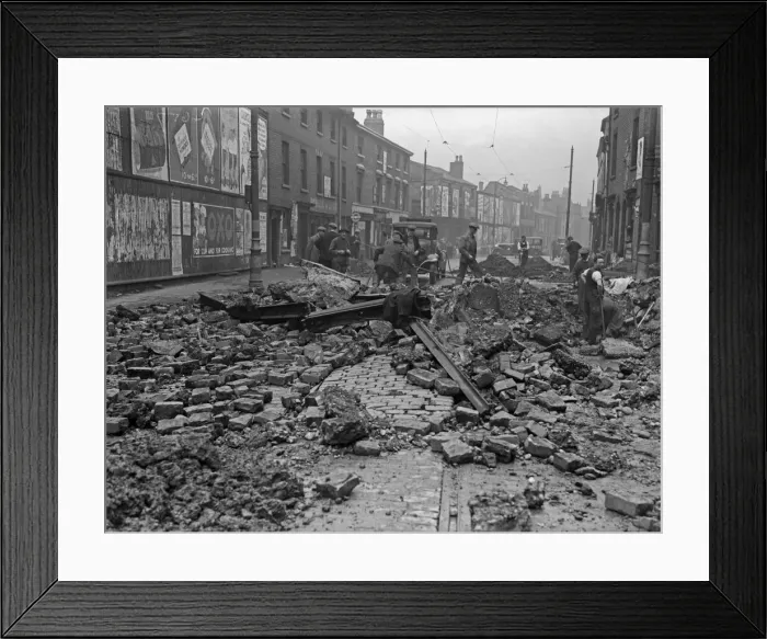 Framed Print : Workmen clearing the damaged tram lines in Moseley Road, Balsall Heath, Birmingham Framed Print : Workmen clearing the damaged tram lines in Moseley Road, Balsall Heath, Birmingham