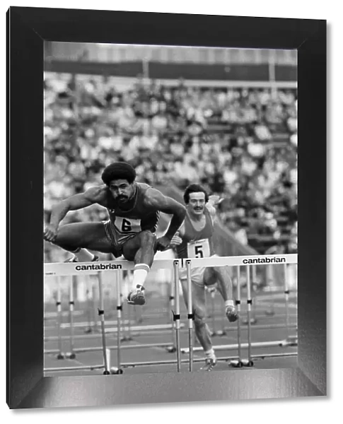 Daley Thompson competes in the 110 meter hurdles at Crystal Palace