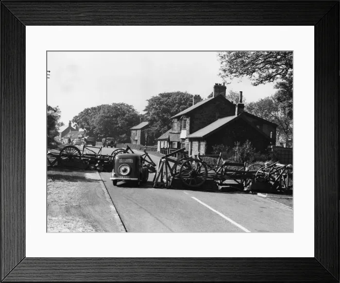 Framed Print : Road barriers in Newcastle during the Second World War. 7th June 1940 Framed Print : Road barriers in Newcastle during the Second World War. 7th June 1940