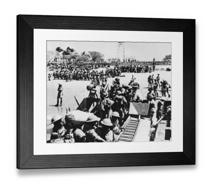 Framed Print : Men of the Kings African Rifles assembled in their steel helmets on the beach