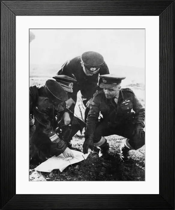 Framed Print : Wing commander G. R. Isherwood AFC and Russian air officers working out by chart details Framed Print : Wing commander G. R. Isherwood AFC and Russian air officers working out by chart details