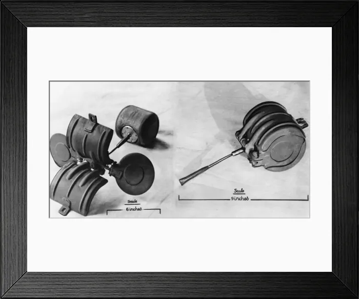 Framed Print : A 4 lb German anti-personnel bomb which the public have been warned not to touch if found Framed Print : A 4 lb German anti-personnel bomb which the public have been warned not to touch if found