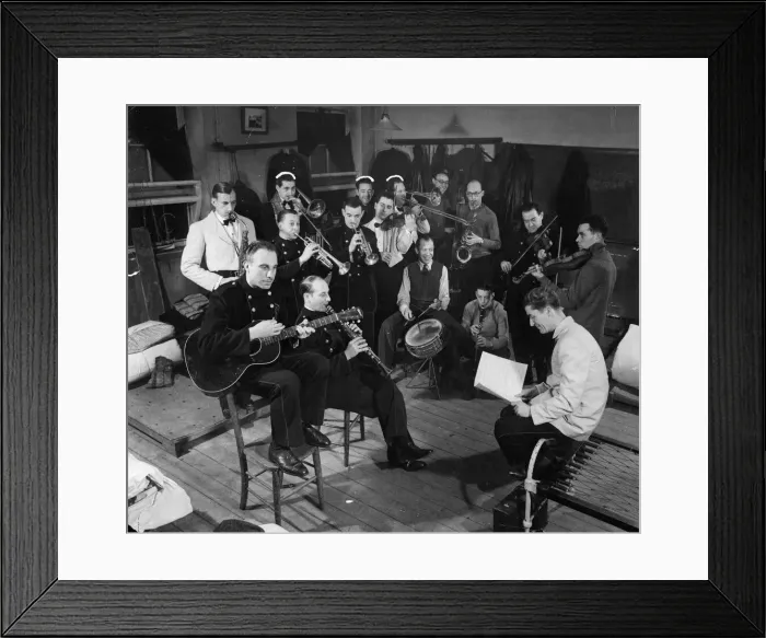 Framed Print : Members of the new London Fire Force swing orchestra, all firemen who have been out in Framed Print : Members of the new London Fire Force swing orchestra, all firemen who have been out in