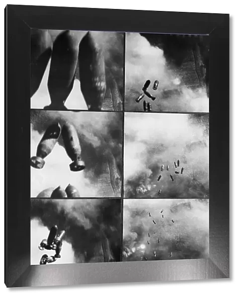 Photos taken by the RAF Film Unit show, top left, a close-up as bombs are dropped from a