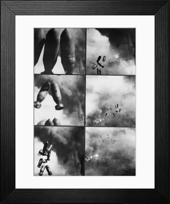 Framed Print : Photos taken by the RAF Film Unit show, top left, a close-up as bombs are dropped from a Framed Print : Photos taken by the RAF Film Unit show, top left, a close-up as bombs are dropped from a