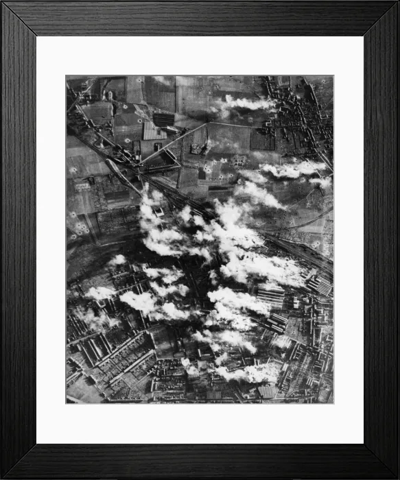 Framed Print : Photograph taken during a daylight attack on the steel and engineering works of the Cie