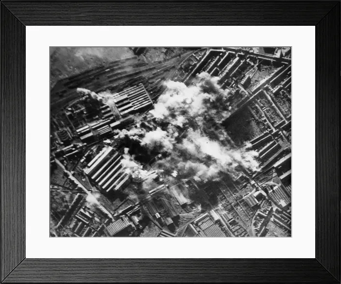 Framed Print : Photograph taken during a daylight attack on the steel and engineering works of the Cie Framed Print : Photograph taken during a daylight attack on the steel and engineering works of the Cie