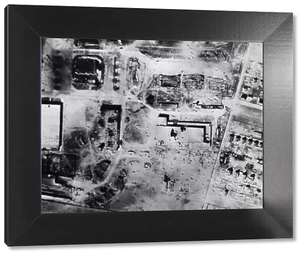 Severe damage to important buildings is shown in this reconnaissance picture after