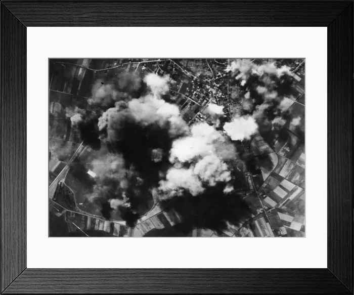Framed Print : Smoke spouts up from the Nazi repair and equipment aerodrome at Werl, east of Dortmund Framed Print : Smoke spouts up from the Nazi repair and equipment aerodrome at Werl, east of Dortmund