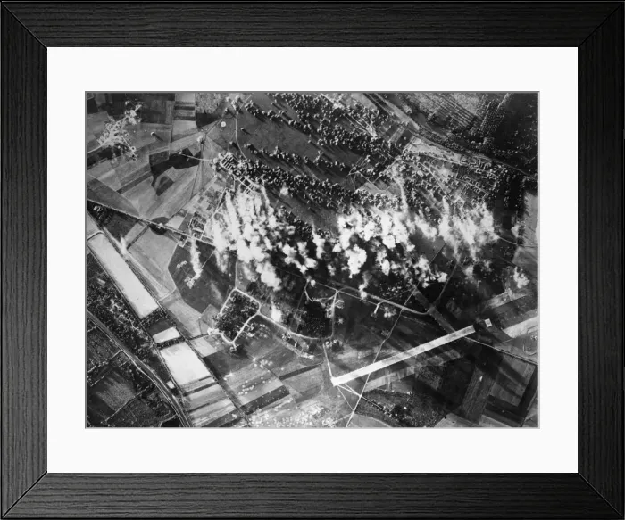 Framed Print : Aerial view of B17 Flying Fortress bombers of the US 8th Air Force plastering another Framed Print : Aerial view of B17 Flying Fortress bombers of the US 8th Air Force plastering another