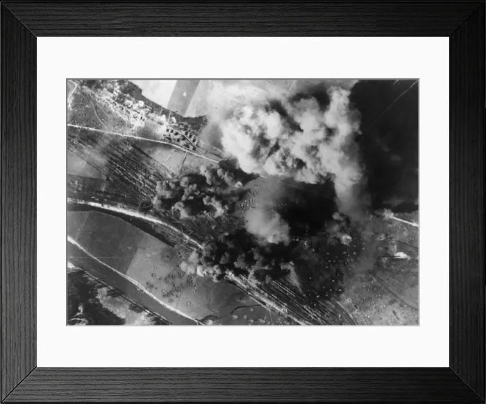 Framed Print : Aerial view showing damage caused to the Creil railway marshalling yards one o clock