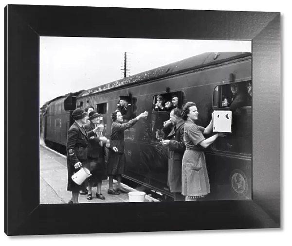 Womens Voluntary Service (WVS) serving tea at Carnforth Railway Station. Lancashire