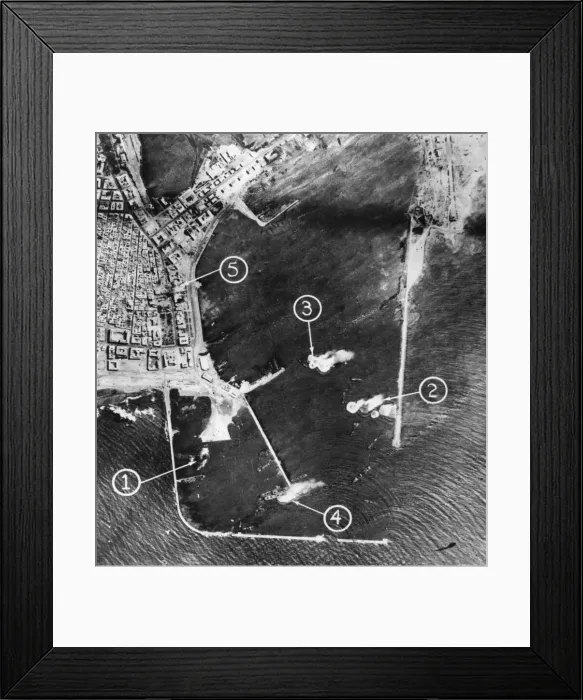 Framed Print : Royal Air Force. Middle East, score direct hits in attack on Benghazi Harbour, Libya Framed Print : Royal Air Force. Middle East, score direct hits in attack on Benghazi Harbour, Libya