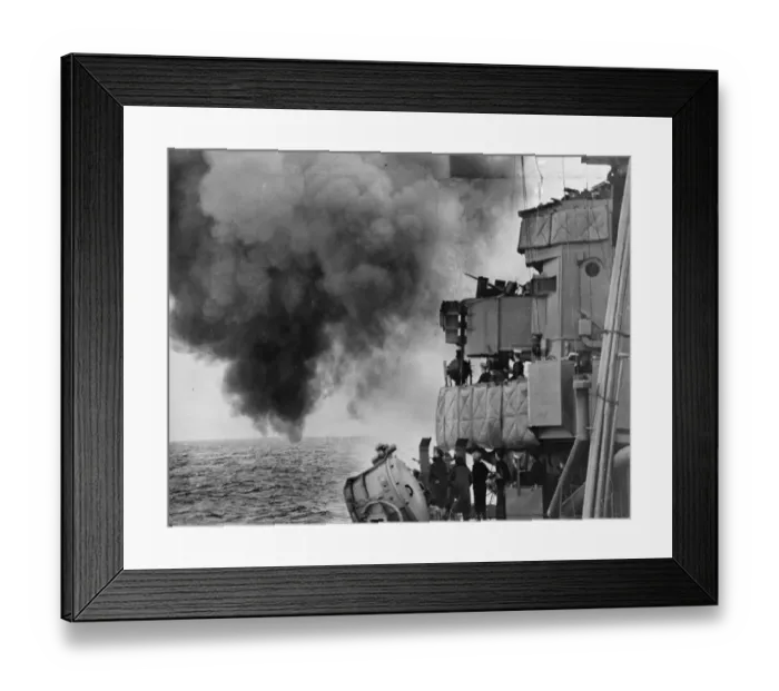 Framed Print : Picture taken on board a British Battleship as it takes part in a naval bombardment of Framed Print : Picture taken on board a British Battleship as it takes part in a naval bombardment of