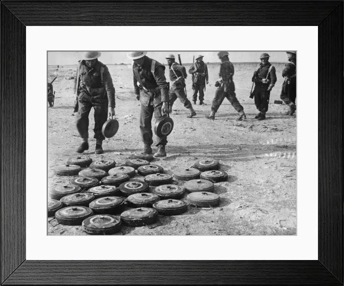 Framed Print : Sappers of a South African Division clearing and making safe enemy mines in the Bardia