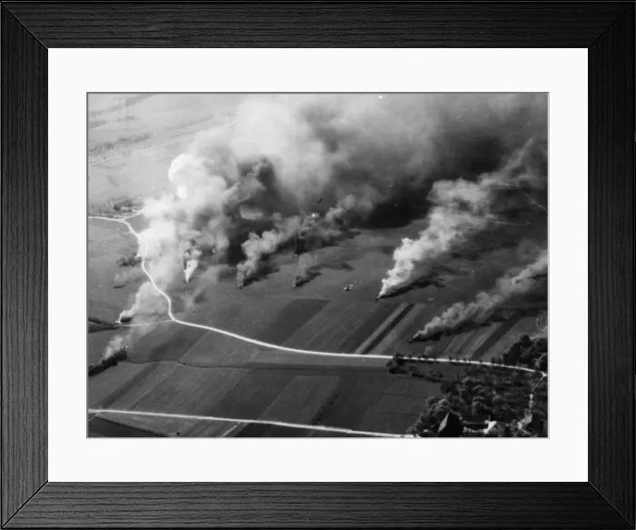 Framed Print : The Luftwaffe going up in smoke following a fighter sweep by P51 Mustangs of the US 8th