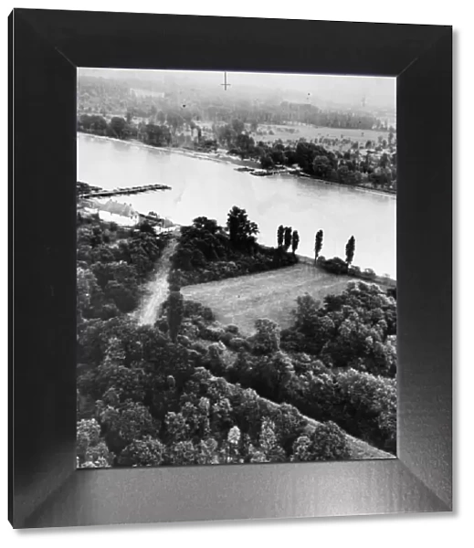 A severed pontoon bridge on the River Rhine, taken from a height of 600 ft during a