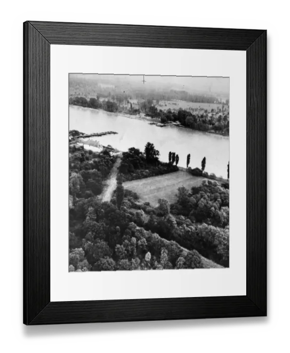 Framed Print : A severed pontoon bridge on the River Rhine, taken from a height of 600 ft during a Framed Print : A severed pontoon bridge on the River Rhine, taken from a height of 600 ft during a
