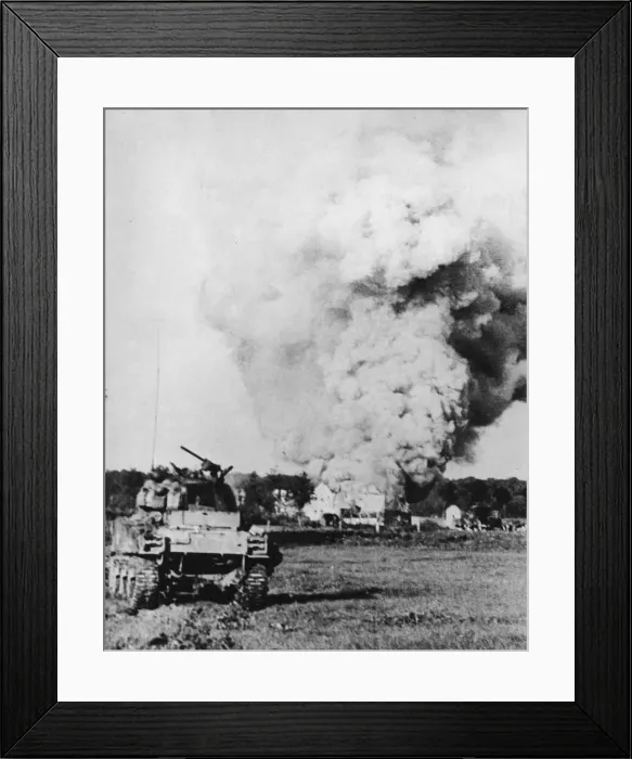 Framed Print : Tank scores a direct hit on a house containing snipers by the Meurth River, France Framed Print : Tank scores a direct hit on a house containing snipers by the Meurth River, France
