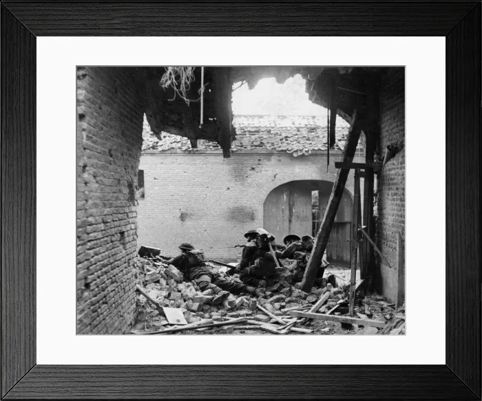 Framed Print : Three soldiers of a Company of a British Army regiment watching for snipers in the German Framed Print : Three soldiers of a Company of a British Army regiment watching for snipers in the German