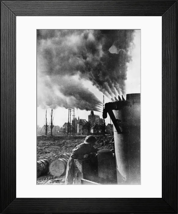Framed Print : Behind the biggest smoke screen in the history of war, British armour Framed Print : Behind the biggest smoke screen in the history of war, British armour