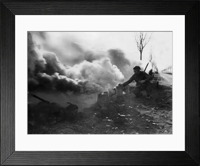 Framed Print : Behind the biggest smoke screen in the history of war, British armour Framed Print : Behind the biggest smoke screen in the history of war, British armour