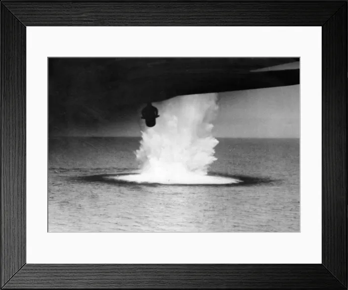 Framed Print : Bombs from a Whitley aircraft destroy a U-boat in the Bay of Biscay