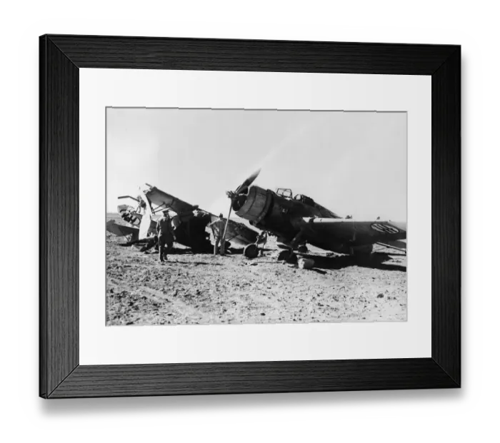 Framed Print : Air war at Libya. Two Italian aircraft destroyed at Gazala by the RAF Framed Print : Air war at Libya. Two Italian aircraft destroyed at Gazala by the RAF