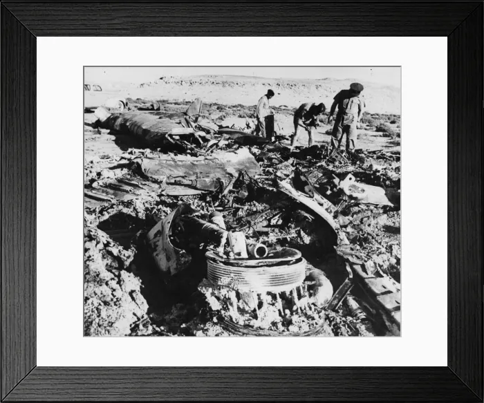 Framed Print : The Wreckage of a Heinkel III, lies burned out and twisted at the edge of a salt lake Framed Print : The Wreckage of a Heinkel III, lies burned out and twisted at the edge of a salt lake