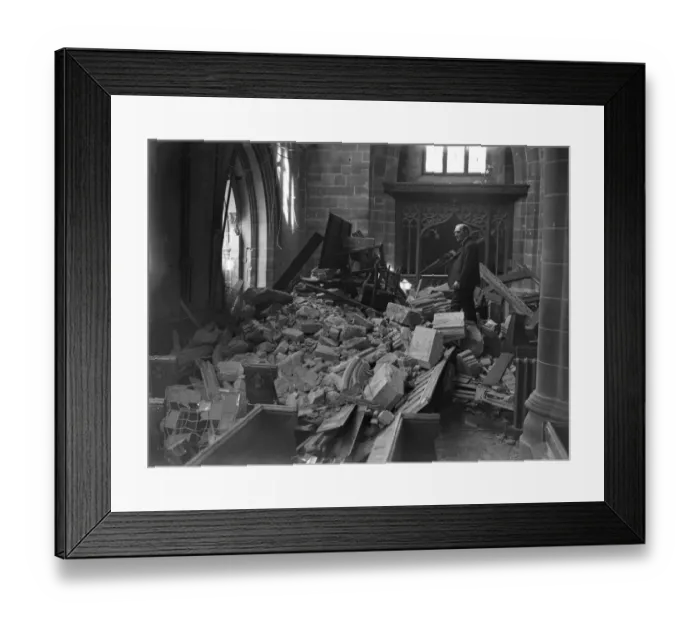 Framed Print : One of the church wardens surveys the damage to St Martins Church in the Bull Ring Framed Print : One of the church wardens surveys the damage to St Martins Church in the Bull Ring