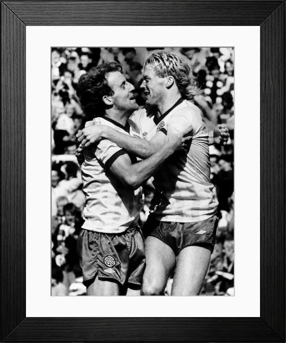 Framed Print : Maurice Johnston celebrates scoring goal by hugging Tommy Burns football Celtic versus