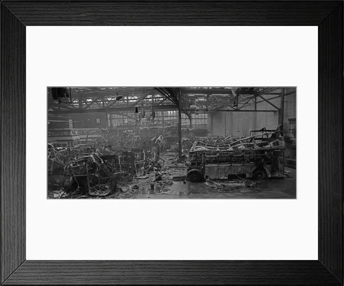 Framed Print : 19 burnt out and four partly burnt out buses sit in the remains of Hockley bus depot Framed Print : 19 burnt out and four partly burnt out buses sit in the remains of Hockley bus depot