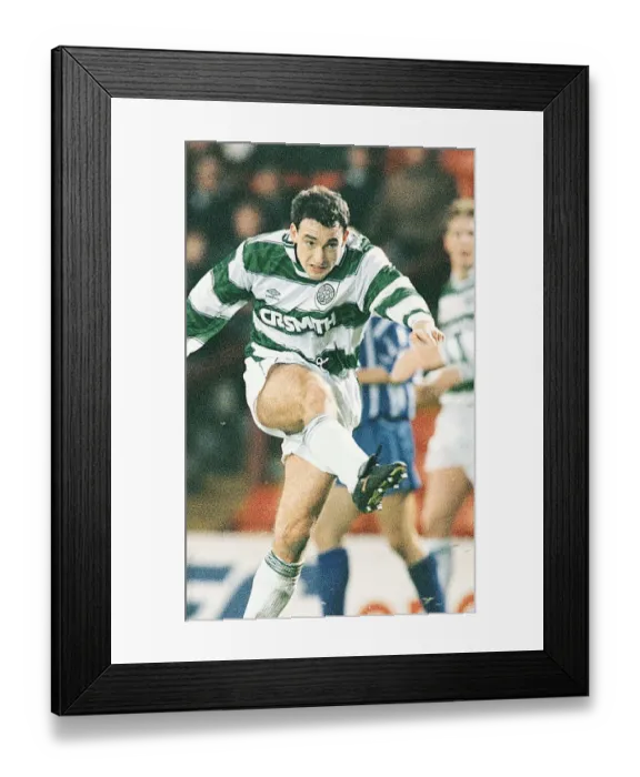 Framed Print : Paul McStay kicking ball Celtic strip Football Framed Print : Paul McStay kicking ball Celtic strip Football