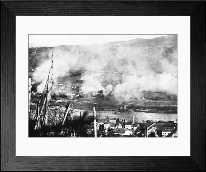 Framed Print : Smoke rises from a German town under assault by of the 10th Armoured Division Framed Print : Smoke rises from a German town under assault by of the 10th Armoured Division