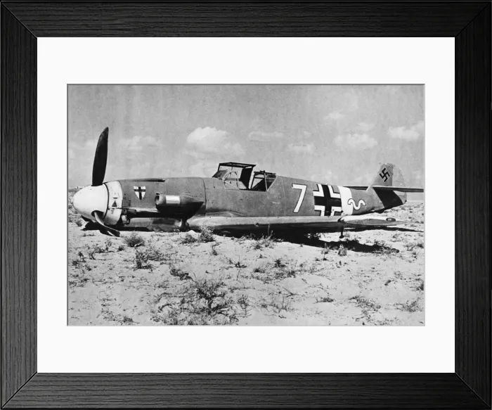 Framed Print : M. E 109 F. shot down. (Picture) An M. E 109 F. shot down in battle area Framed Print : M. E 109 F. shot down. (Picture) An M. E 109 F. shot down in battle area